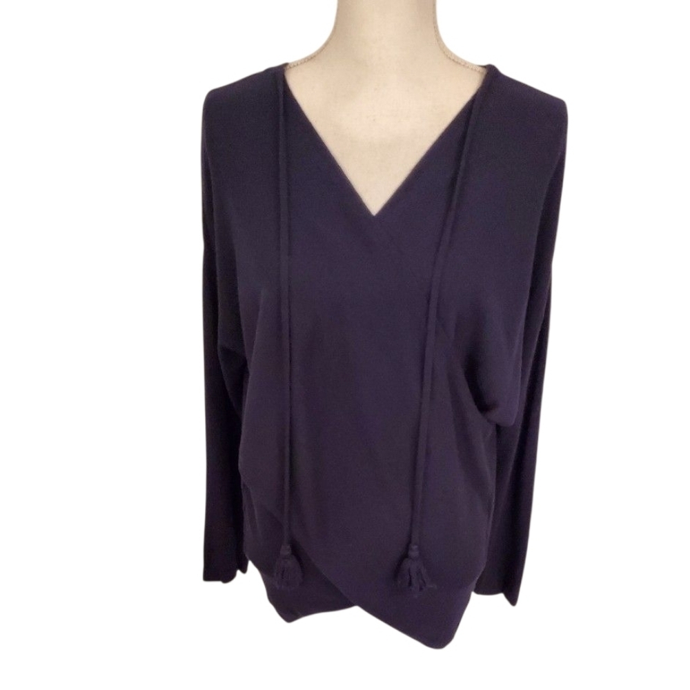 White House Black Market Navy Blue Sweater Tassel Tie V-Neck Long Sleeve Size M